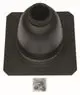 Schwarze Luft- und Abgasführung von Vaillant, bestehend aus einem konischen Element und einer rechteckigen Basis, inklusive Montageschrauben in einem kleinen Beutel.